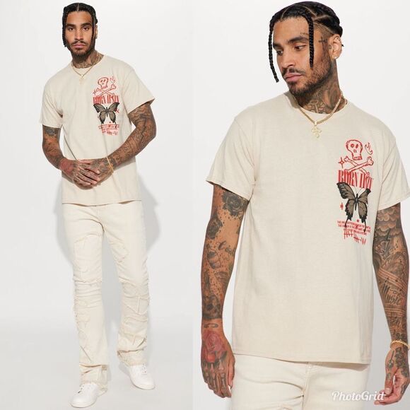 2/$30 Fashion Nova Born To Sin Short Sleeve Crew Neck T-Shirt in Sand - Picture 1 of 6